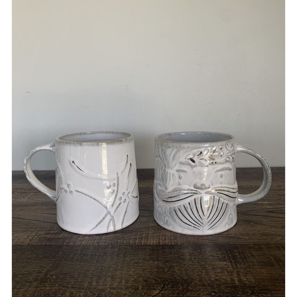 Anthropologie Set Of 2 Yuletide & Santa Claus Mug 17oz Gray White Gold Holiday